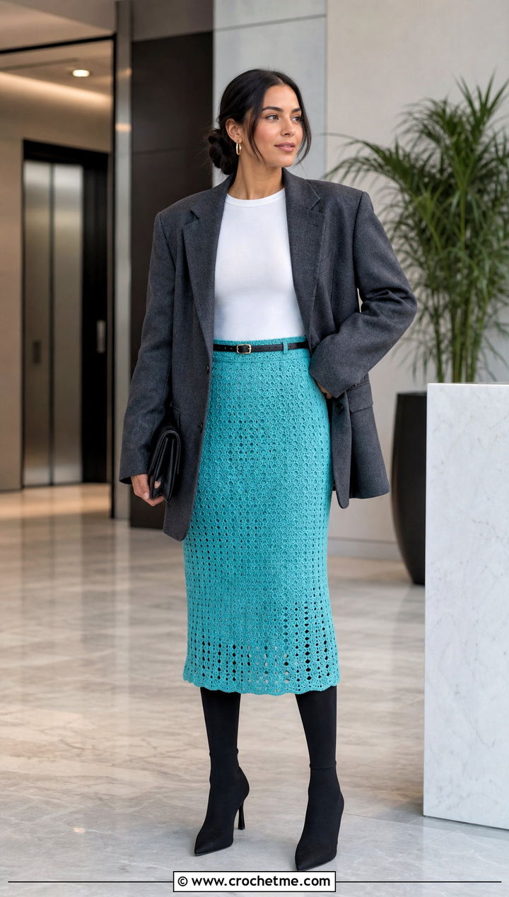 Crochet Tube Midi Skirt With Oversized Blazer - 35 crochet winter skirt outfit ideas
