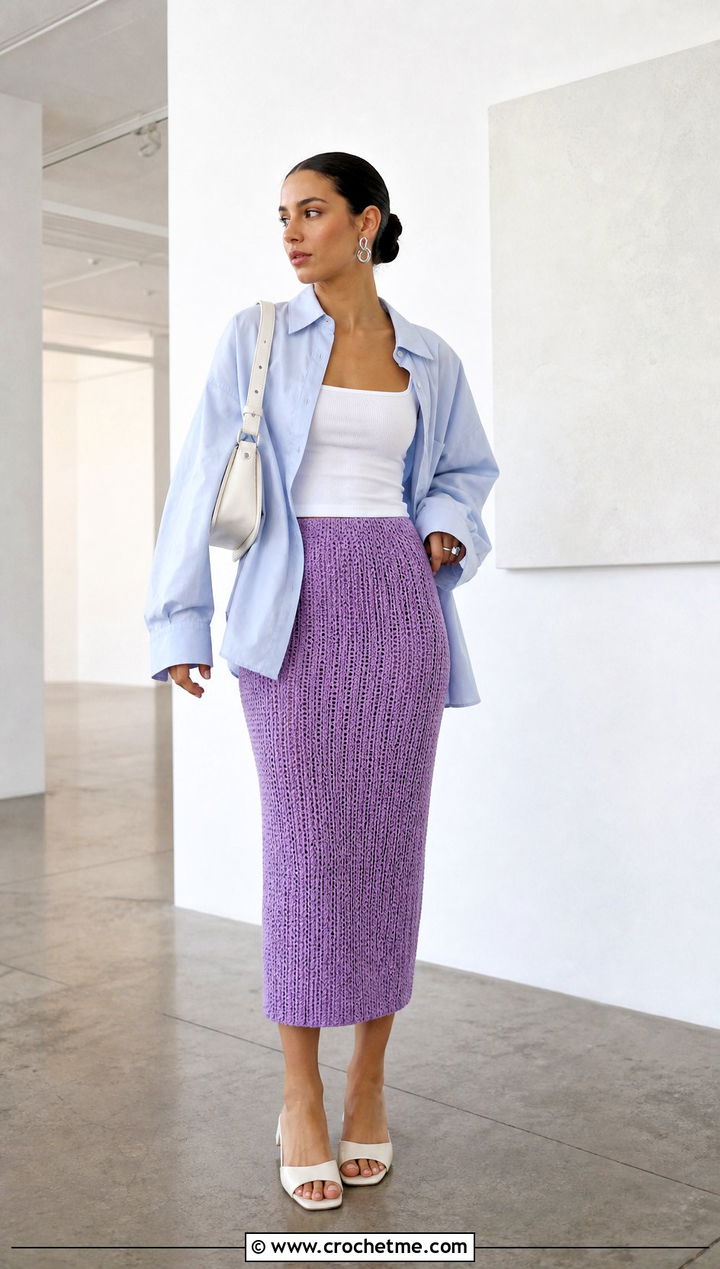 Crochet Tube Midi Skirt With Oversized Shirt And Mules - 25 Sunday Kalogeras Crochet Skirt outfit ideas