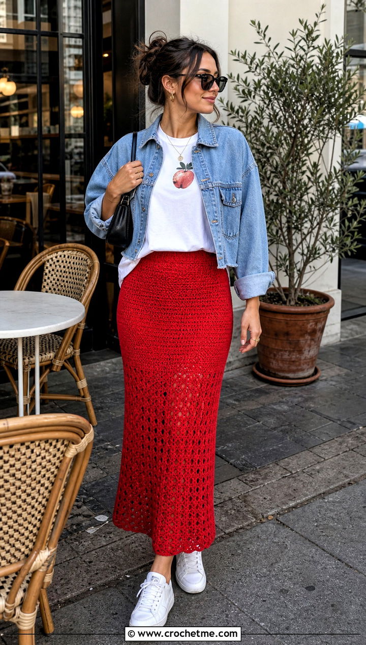Crochet Tube Skirt With Graphic T Shirt - 25 Easy Clothes To Crochet For Beginners outfit ideas
