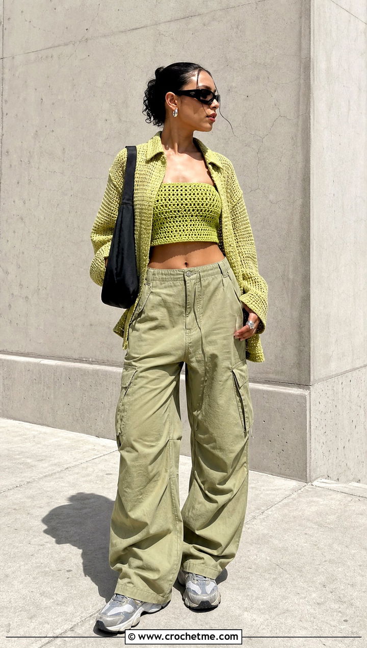 Crochet Tube Top Cargo Pants And Shirt Set With Trainers - 25 crochet three piece outfit ideas