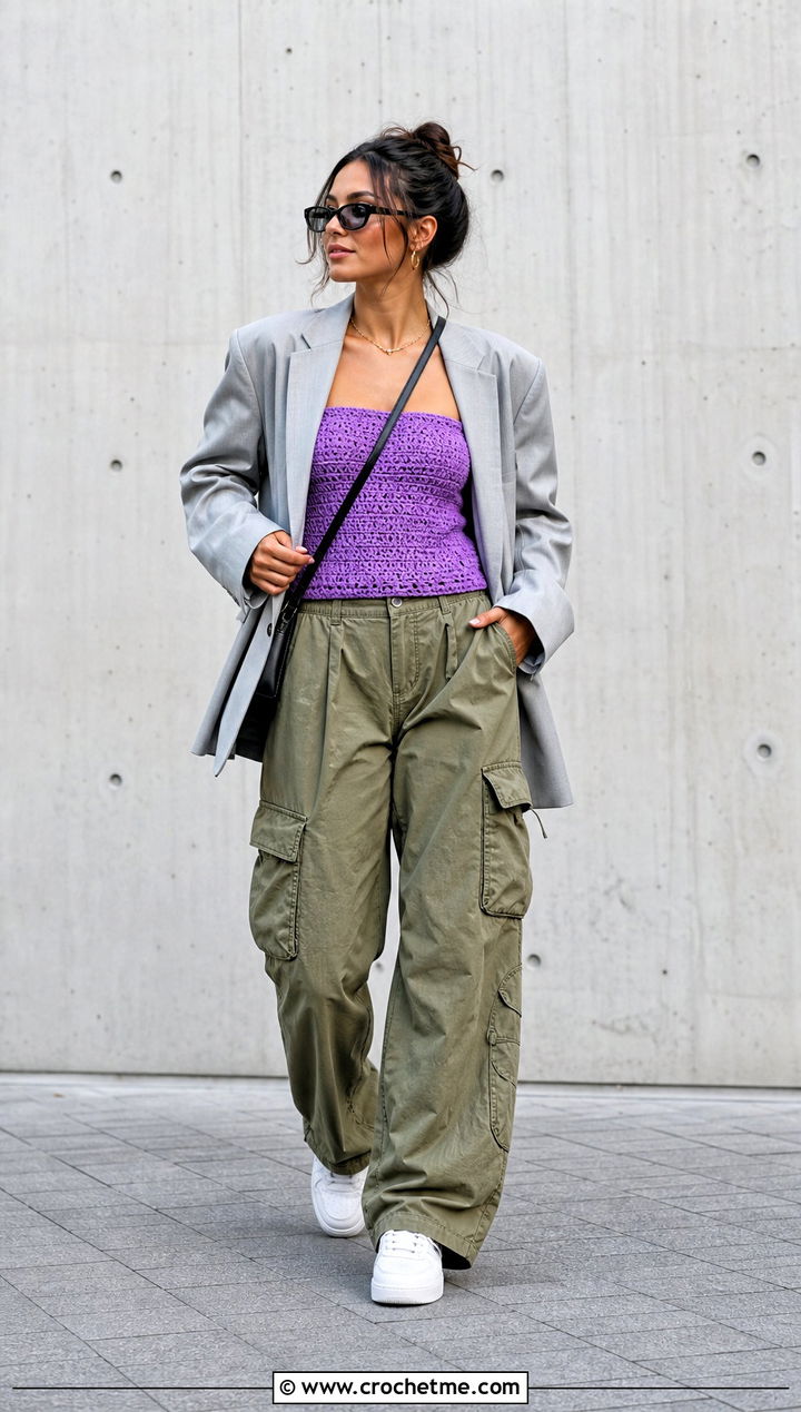 Crochet Tube Top With An Oversized Blazer And Cargo Pants - 20 different types of crochet tops outfit ideas