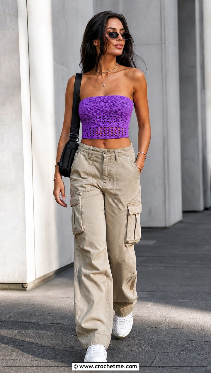 Crochet Tube Top With Cargo Pants - 35 Cute Summer Crochet Tops outfit ideas