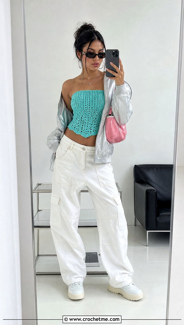 Crochet Tube Top With Cargo Pants - 15 Barbie Inspired Crochet Outfits ideas