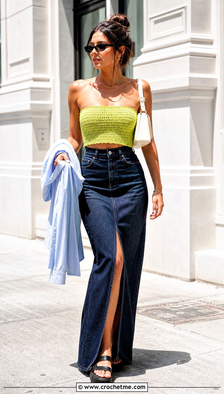 Crochet Tube Top With Denim Maxi Skirt - 30 full crochet outfit ideas