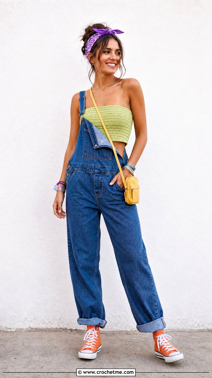 Crochet Tube Top With Denim Overalls - 35 crochet festival top outfit ideas