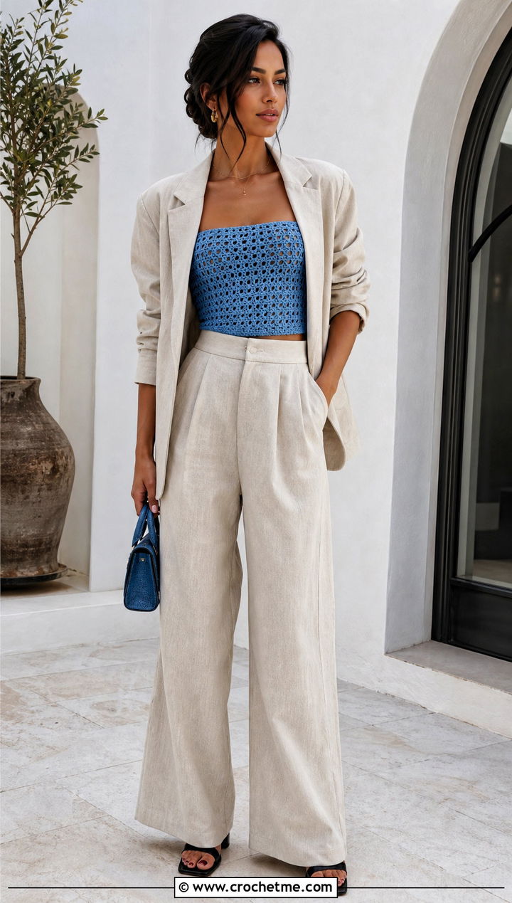 Crochet Tube Top With Linen Suit - 15 summer crochet outfits ideas