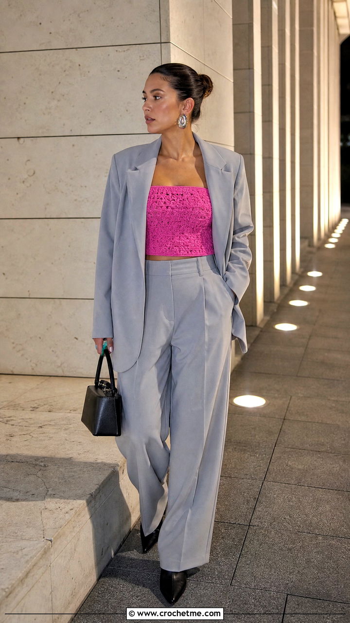 Crochet Tube Top With Oversized Blazer - 35 crochet top for women outfit ideas