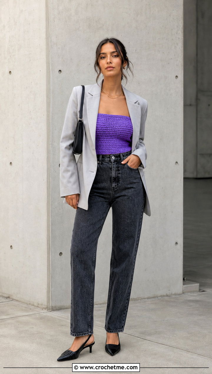 Crochet Tube Top With Oversized Blazer - 35 cute crochet tops ideas