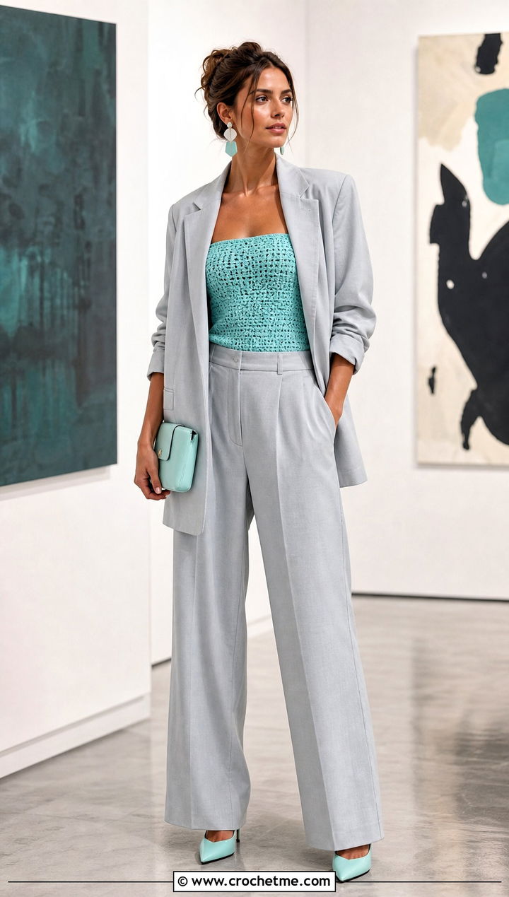 Crochet Tube Top With Oversized Blazer Suit - 30 easy tops to crochet outfit ideas