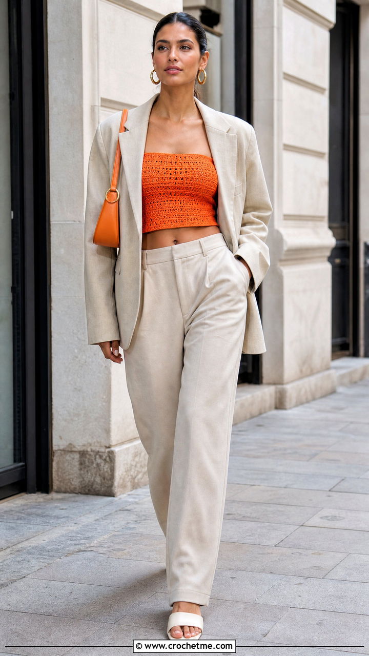 Crochet Tube Top With Oversized Blazer - 35 colorful crochet top outfit ideas