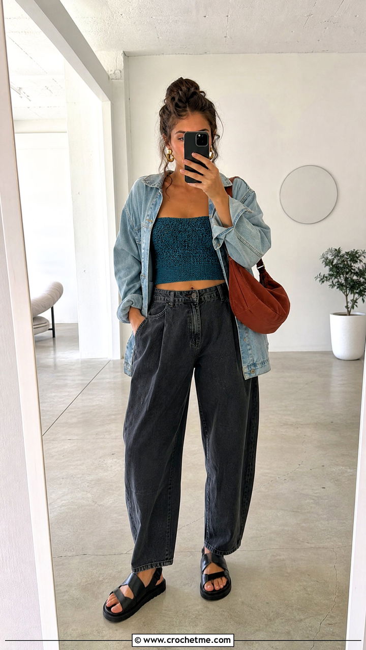 Crochet Tube Top With Oversized Denim Jacket - 35 boho crochet top outfit ideas