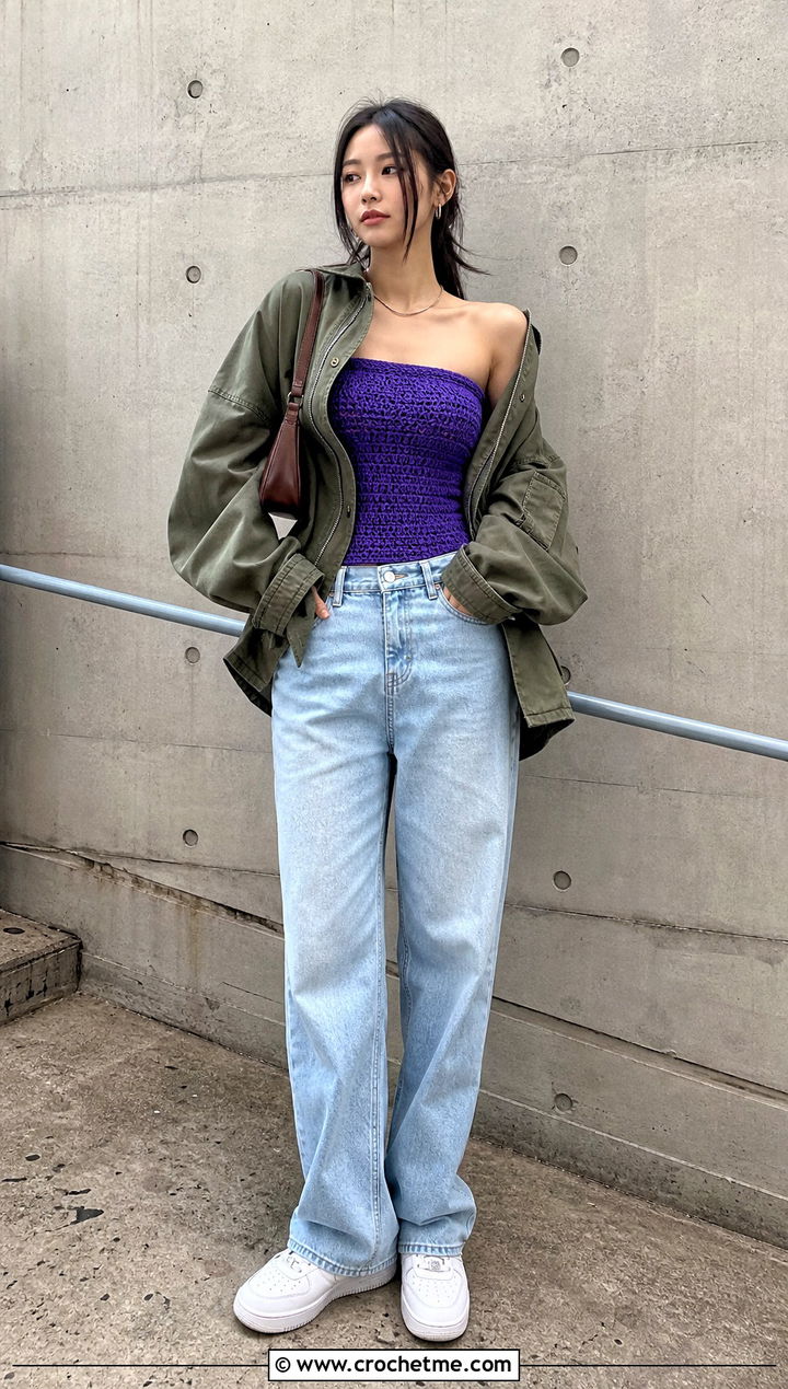 Crochet Tube Top With Utility Jacket - 30 korean crochet outfits ideas
