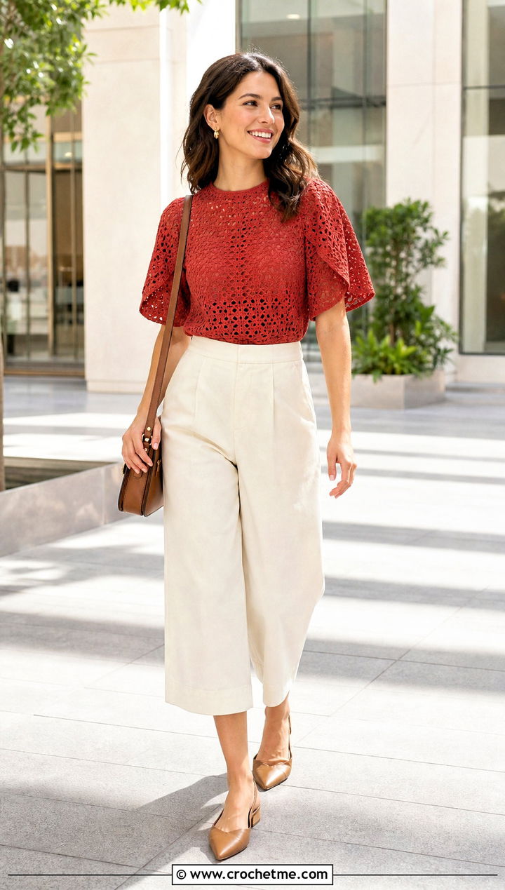 Crochet Tulip Sleeve Top With Culottes - 35 crochet sleeve top outfit ideas