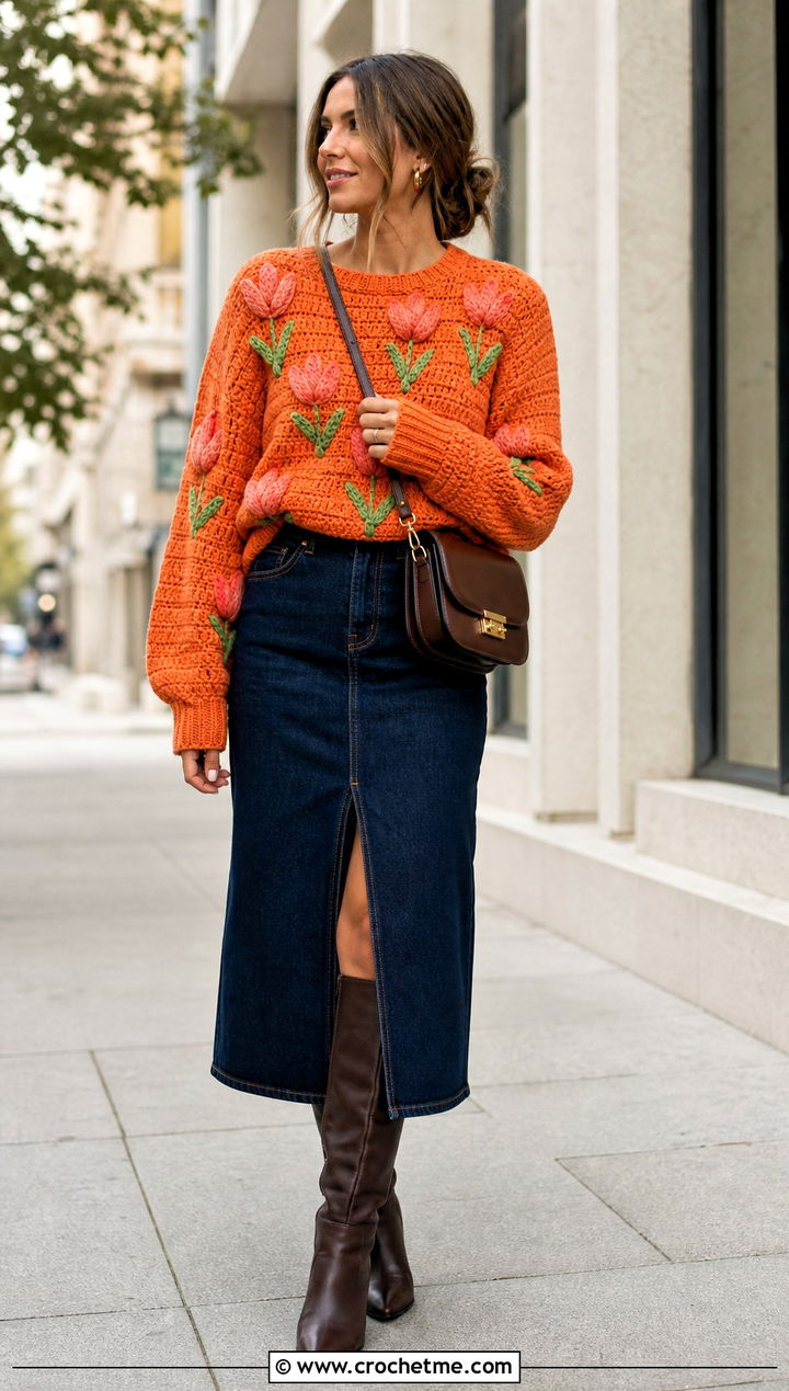 Crochet Tulip Sweater With Denim Midi Skirt - 30 crochet flowers on sweater outfit ideas