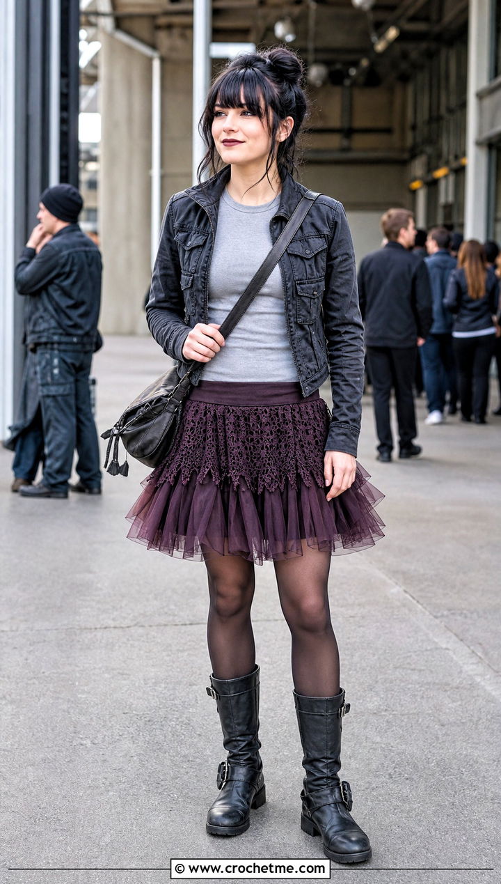 Crochet Tulle Panel Tutu Skirt With Moto Boots - 20 Crochet Tutu Skirt outfit ideas