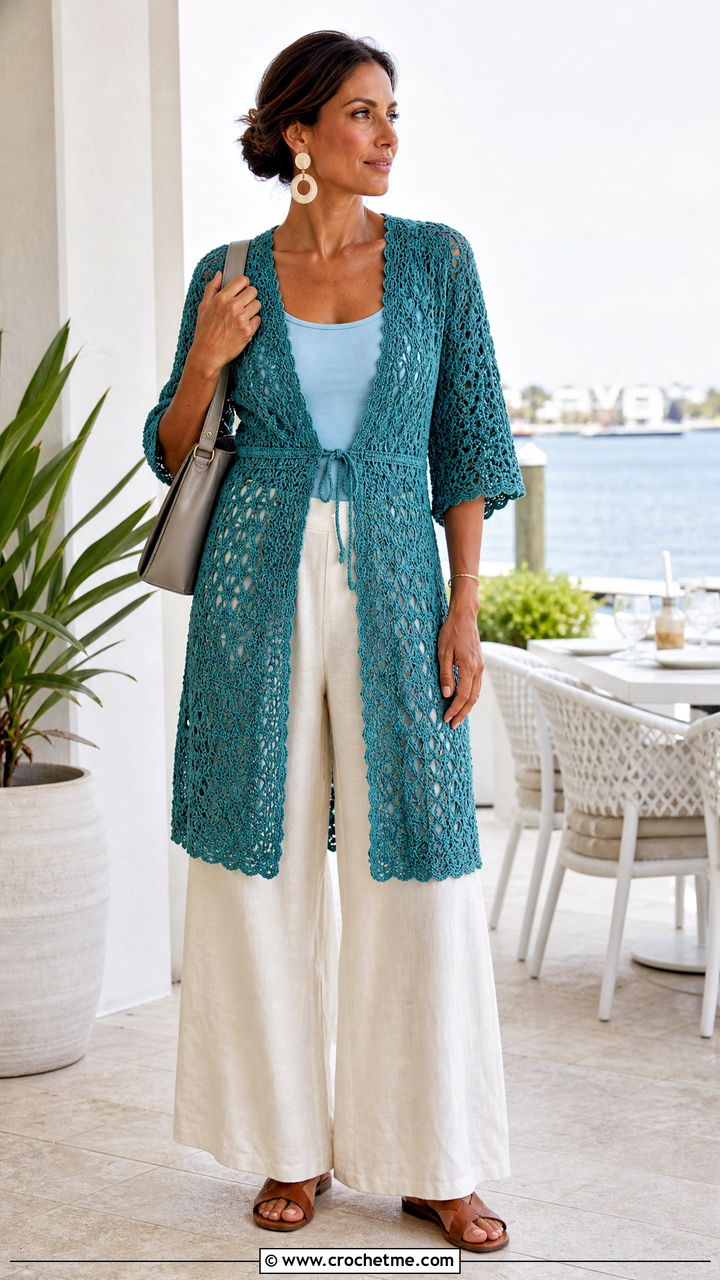 Crochet Tunic Cover Up With Linen Pants - 35 crochet cover up outfit ideas