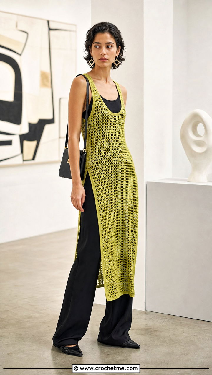 Crochet Tunic Dress Over Wide Leg Trousers - 15 Etsy Crochet Dress outfit ideas