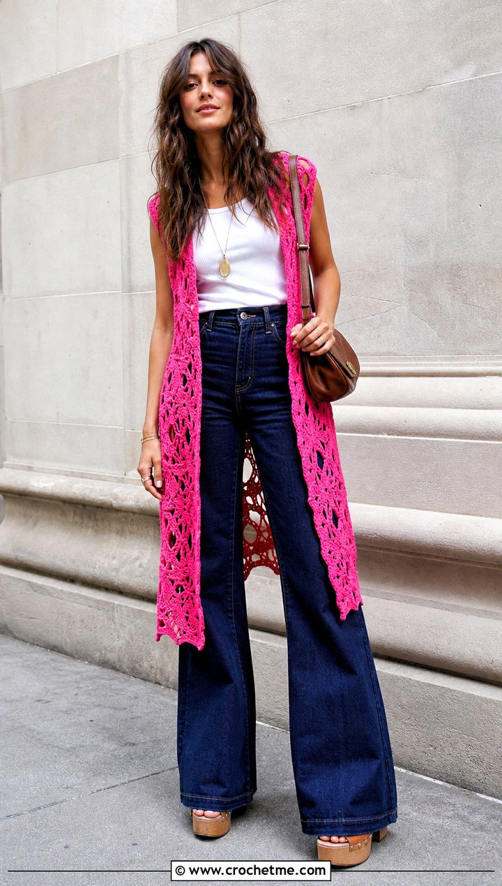 Crochet Tunic Dress With Flared Jeans - 15 Boho Hippie Crochet Dress outfit ideas