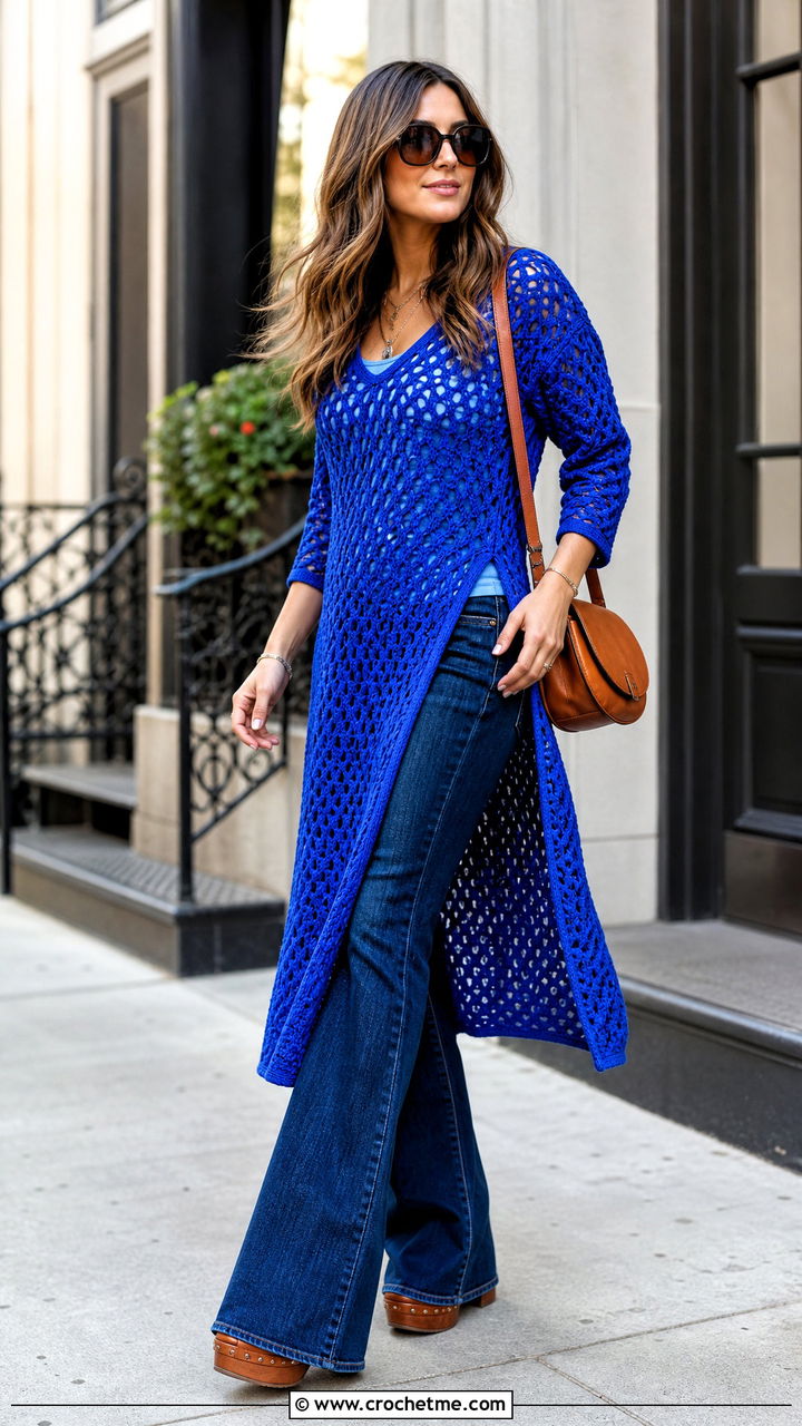 Crochet Tunic Dress With Flared Jeans - 35 boho crochet clothes and outfit ideas