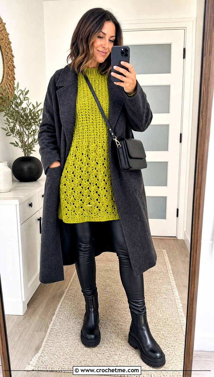 Crochet Tunic Dress With Leather Leggings - 30 crochet dress for winter outfit ideas