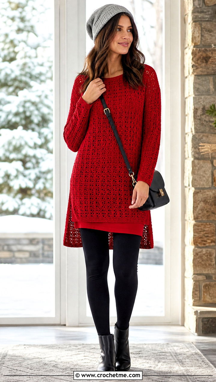 Crochet Tunic Dress With Leggings And Ankle Boots - 35 Kawaii Crochet Clothes and outfit ideas