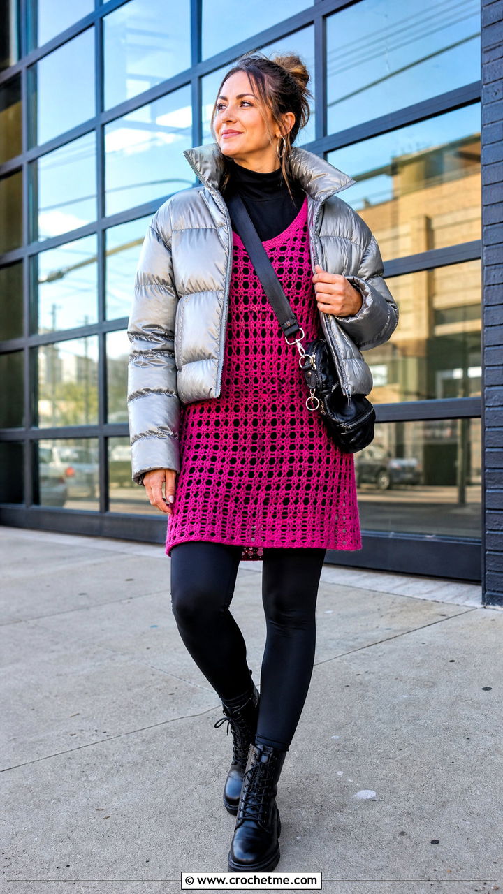 Crochet Tunic Dress With Leggings And Combat Boots - 35 crochet dress outfits ideas
