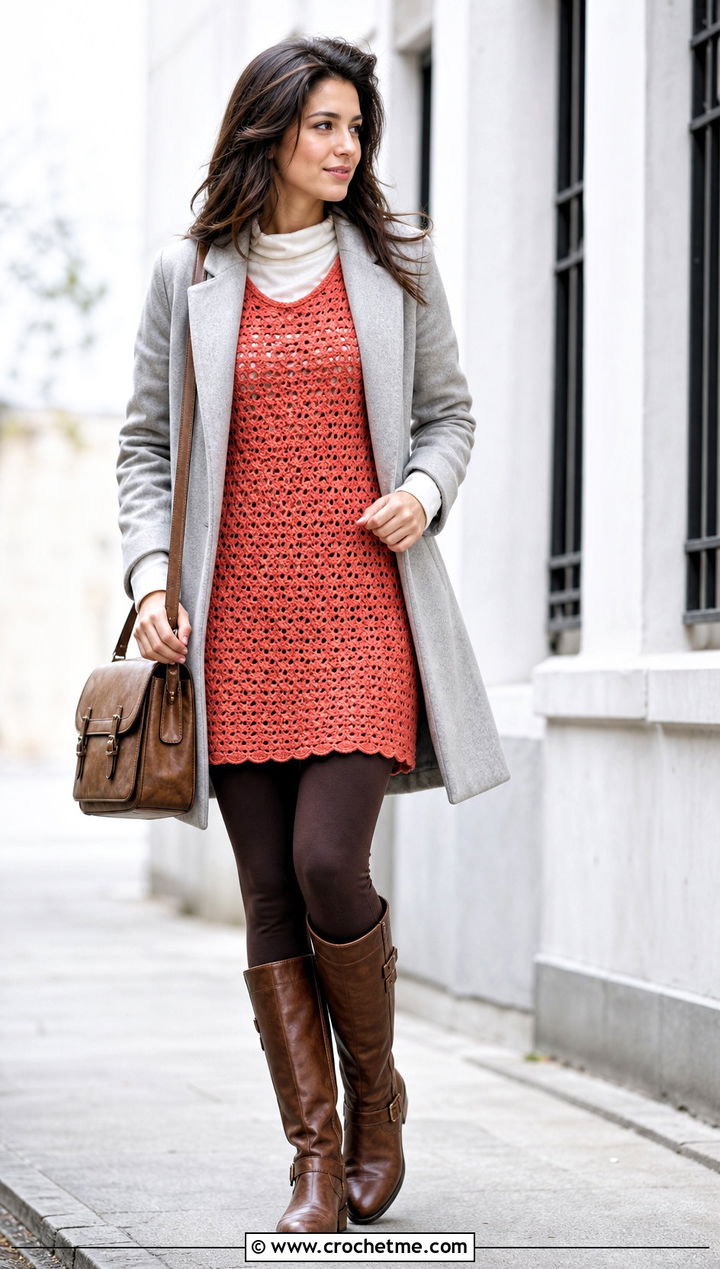 Crochet Tunic Dress With Leggings And Riding Boots - 15 Spell Crochet Dress outfit ideas