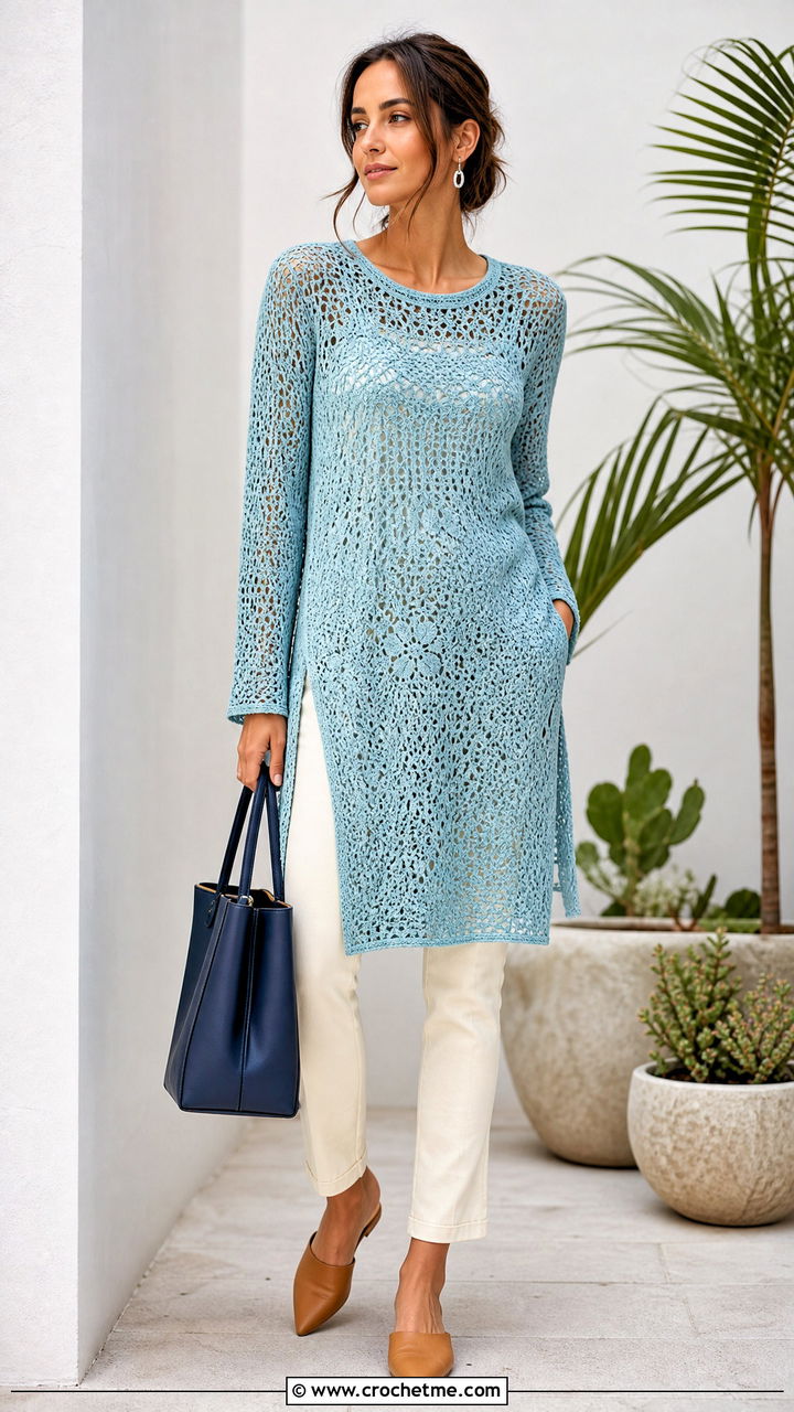 Crochet Tunic Dress With Slim Pants and Mules - 35 crochet clothes ideas