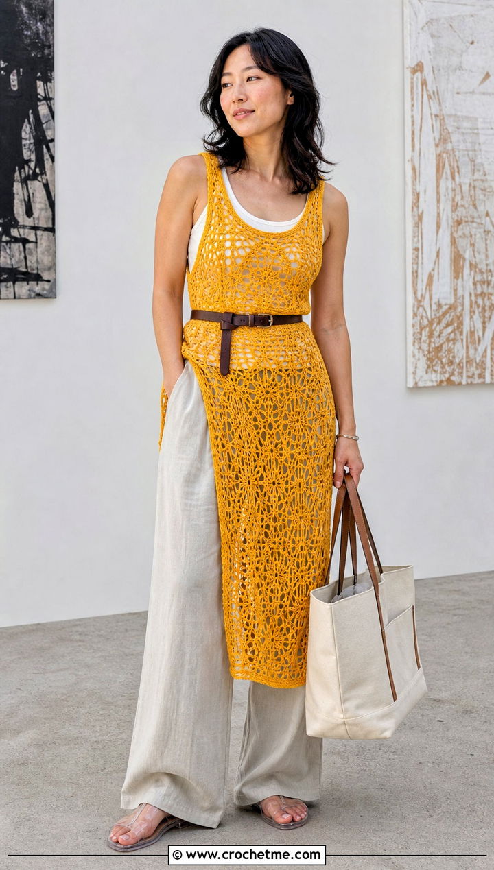 Crochet Tunic Dress With Wide Leg Pants - 30 women crochet summer dress outfit ideas