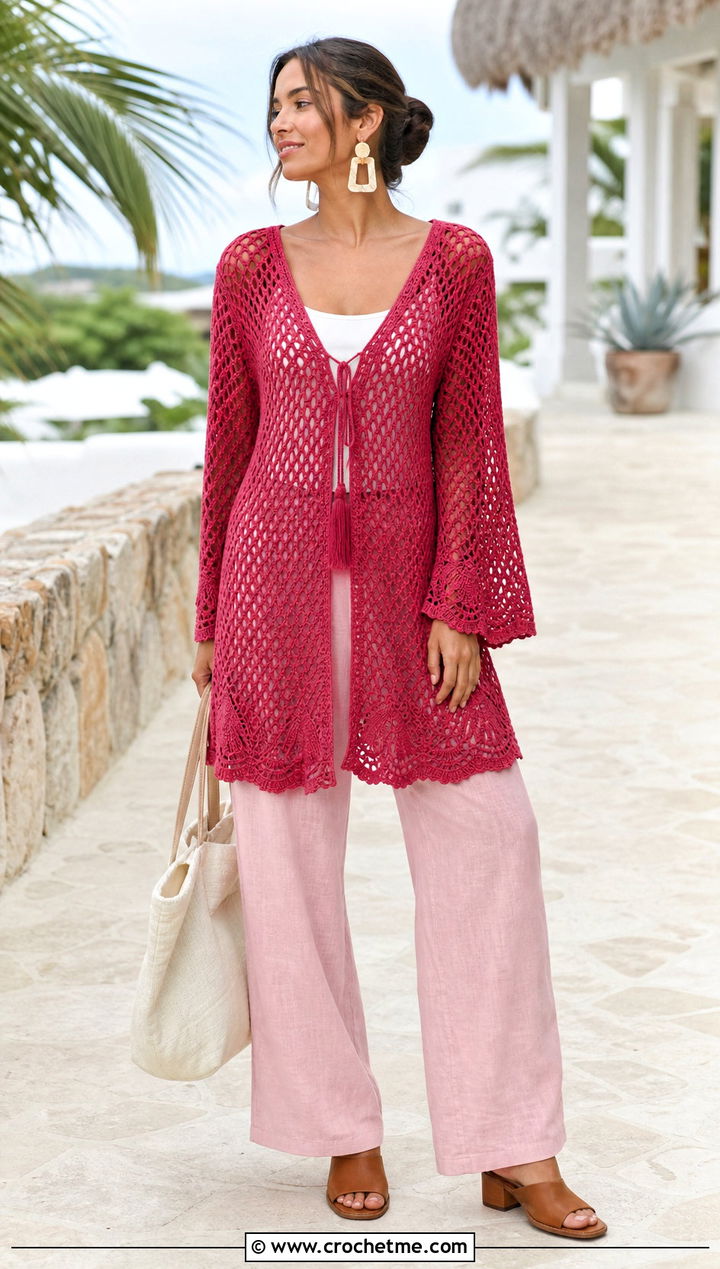 Crochet Tunic Dress With Wide Leg Pants - 30 crochet summer beach dresses outfit ideas