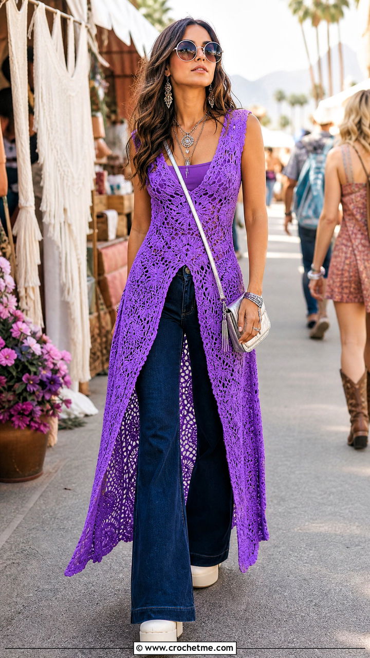 Crochet Tunic Festival Dress With Flared Jeans - 35 crochet festival dress outfit ideas