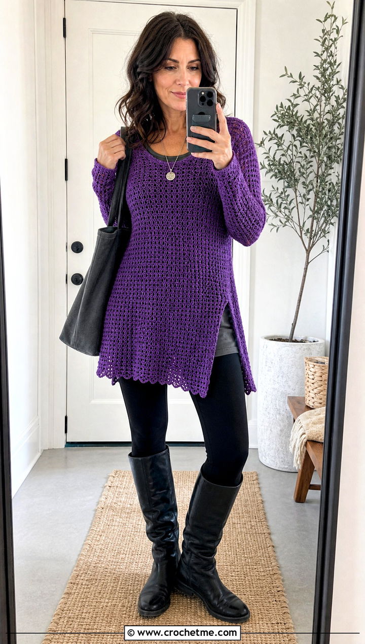 Crochet Tunic Long Sleeve Top With Leggings - 25 Easy Crochet Long Sleeve Top outfit ideas