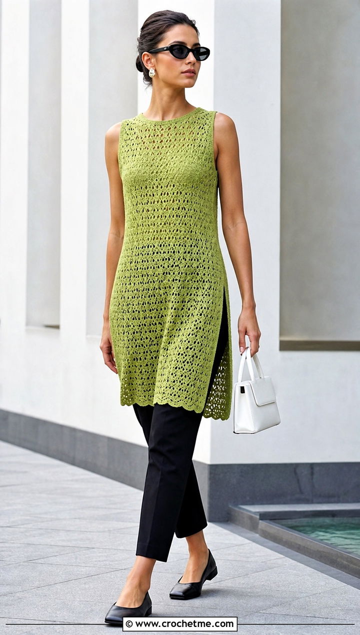 Crochet Tunic Mini Dress With Cigarette Pants - 25 crochet 60s dress outfit ideas