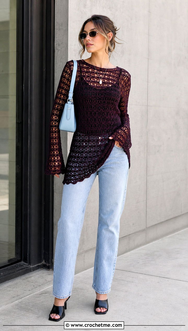 Crochet Tunic Mini Dress With Straight Leg Jeans - 35 mini crochet clothes and outfit ideas
