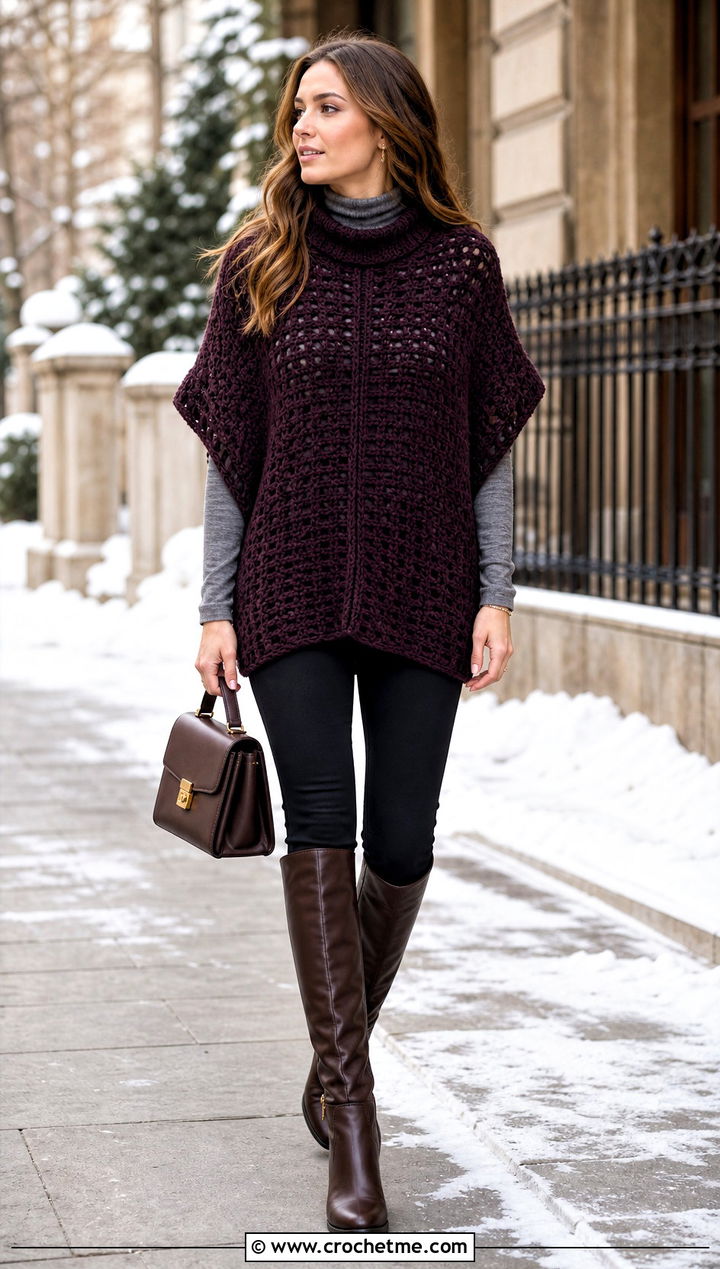 Crochet Tunic Poncho With Knee High Boots - 15 Crocheted Poncho outfit ideas