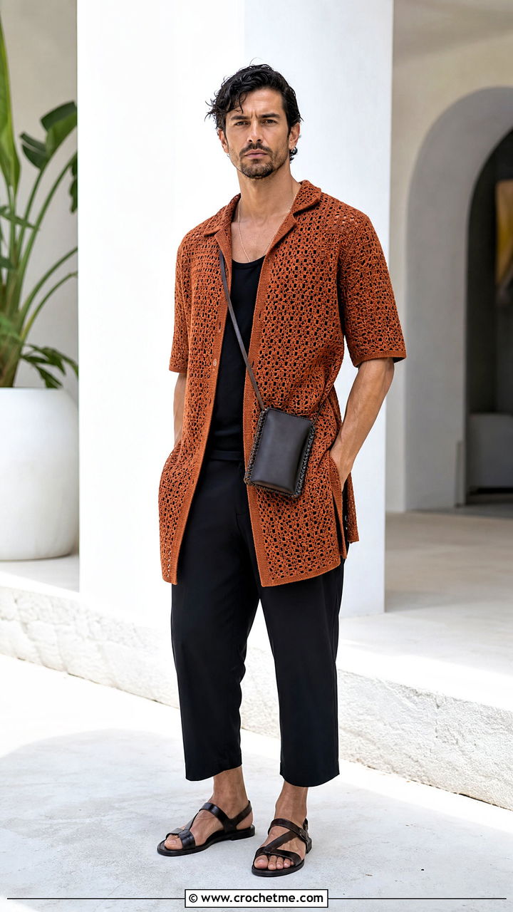 Crochet Tunic Shirt With Cropped Trousers - 35 mens crochet shirt outfit ideas