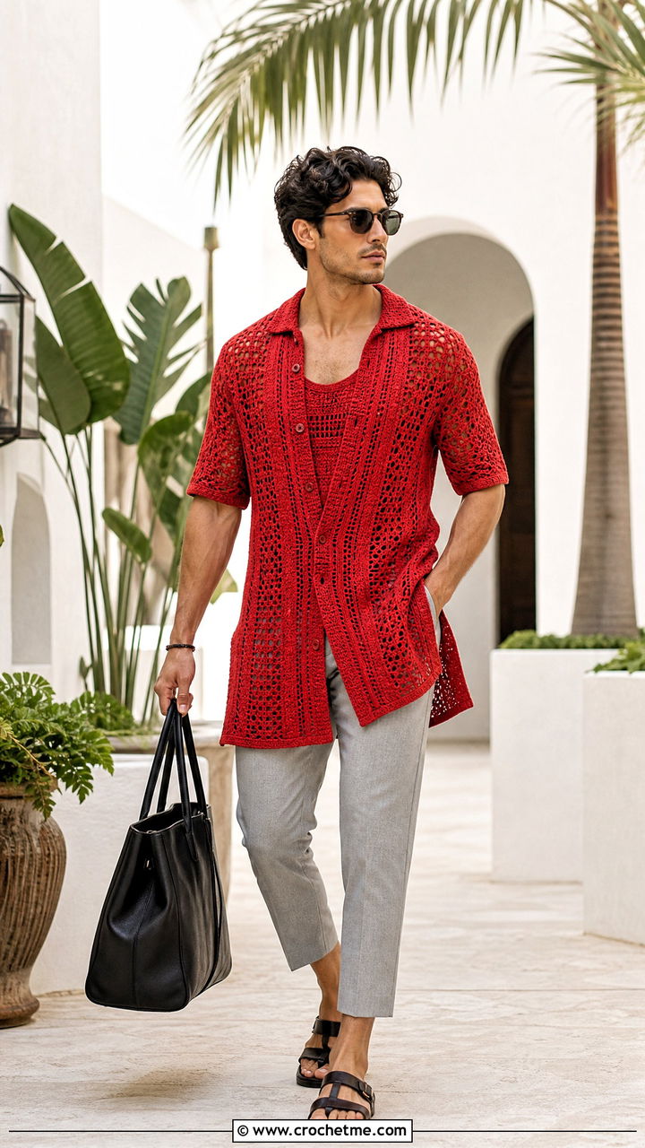Crochet Tunic Shirt With Cropped Trousers - 35 crochet clothes for men outfit ideas