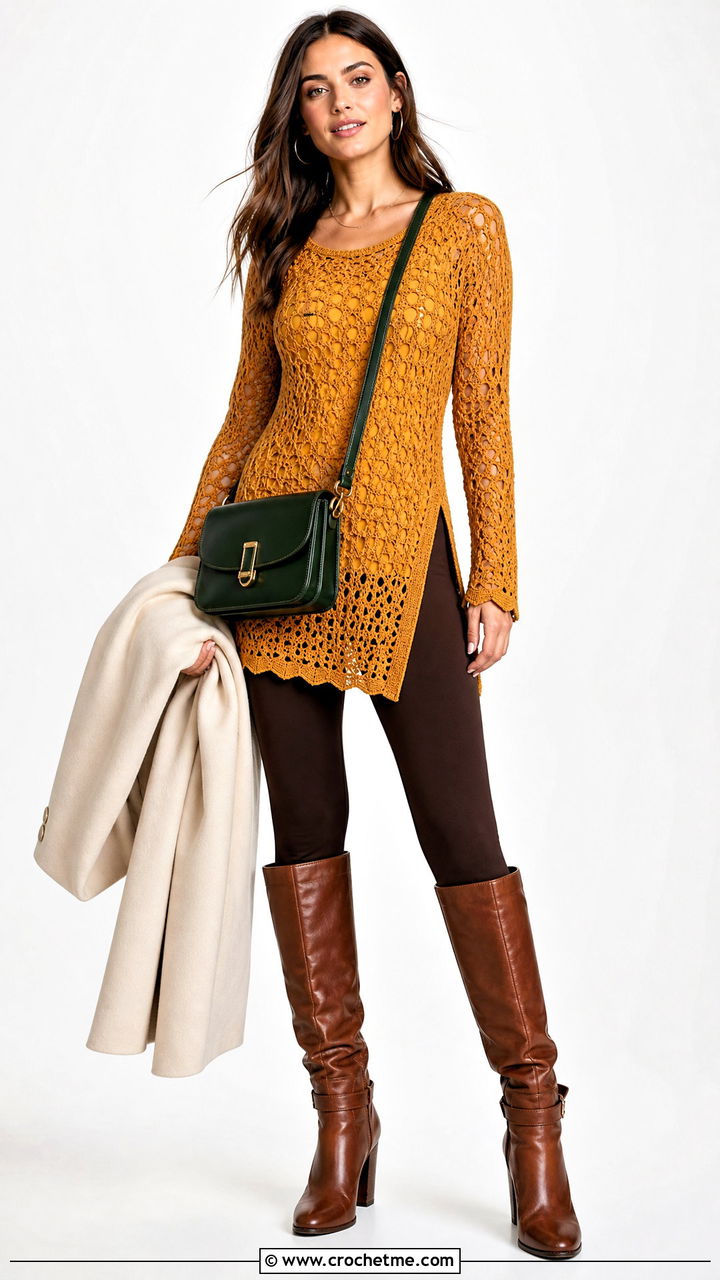 Crochet Tunic Shirt With Leggings And Knee Boots - 35 crochet shirts outfit ideas