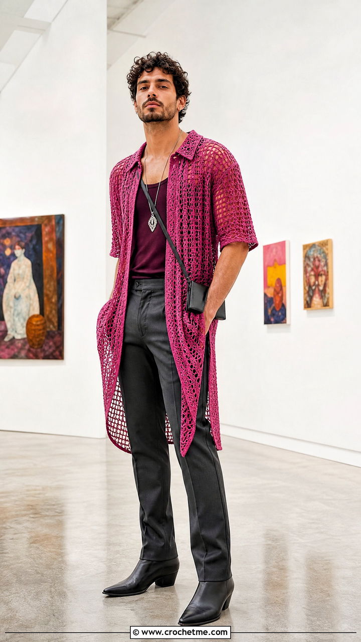 Crochet Tunic Shirt With Slim Trousers - 35 crochet mens shirt outfit ideas