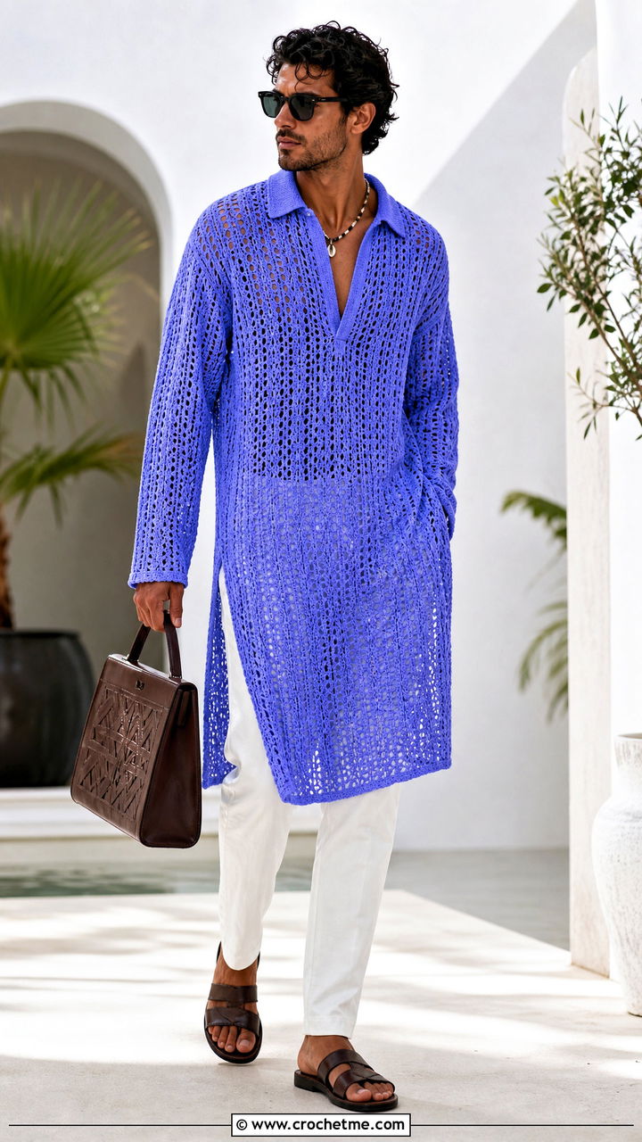 Crochet Tunic Shirt With Tapered Pants - 35 crochet male shirt outfit ideas