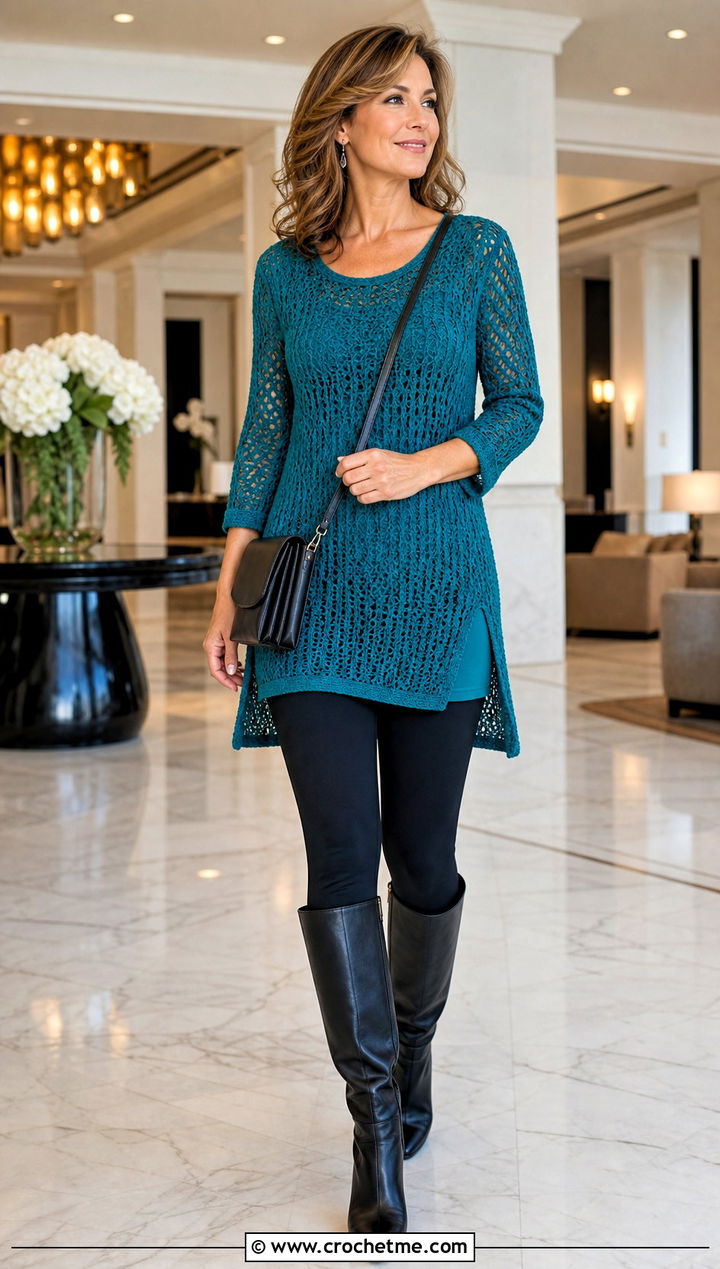 Crochet Tunic Sweater Top With Leggings - 35 Crochet Top Sweater outfit ideas