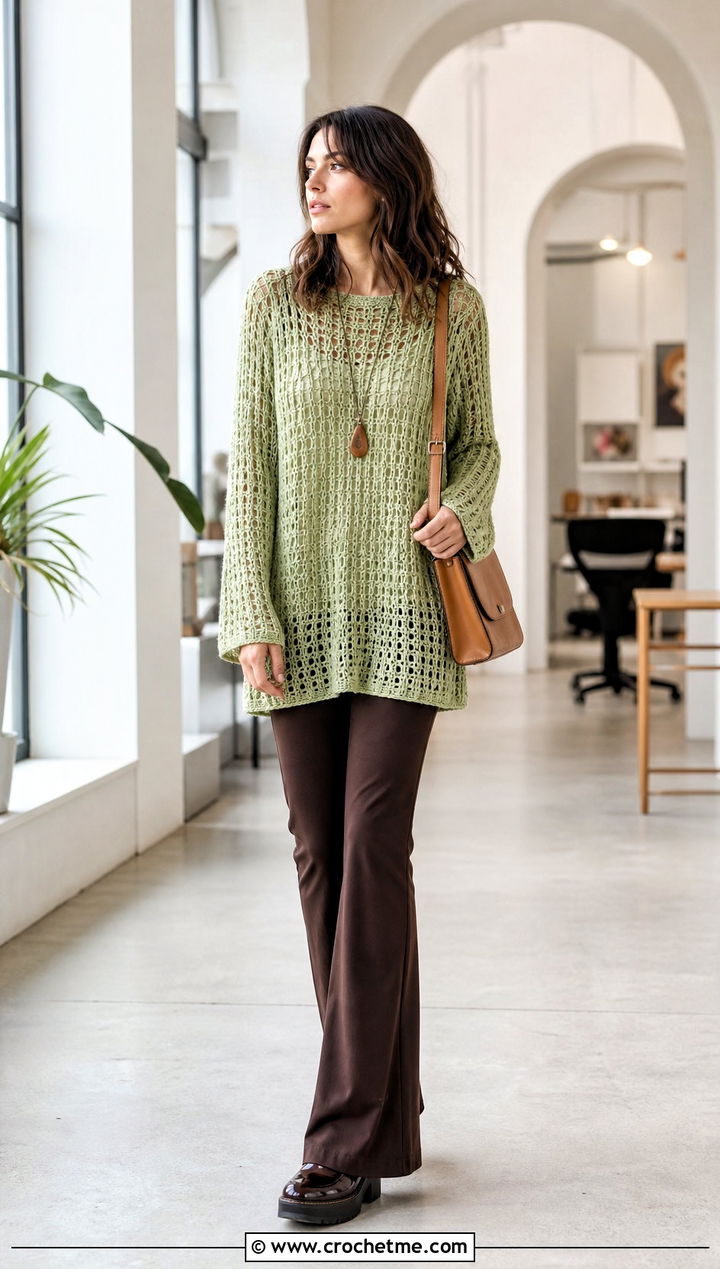 Crochet Tunic Sweater With Flared Pants - 30 crochet women sweater outfit ideas
