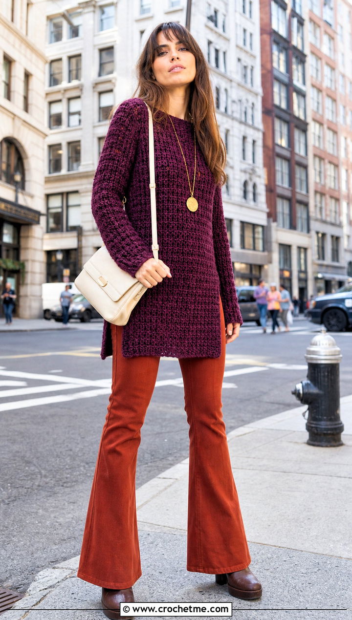 Crochet Tunic Sweater With Flared Pants - 30 bulky yarn crochet sweater outfit ideas