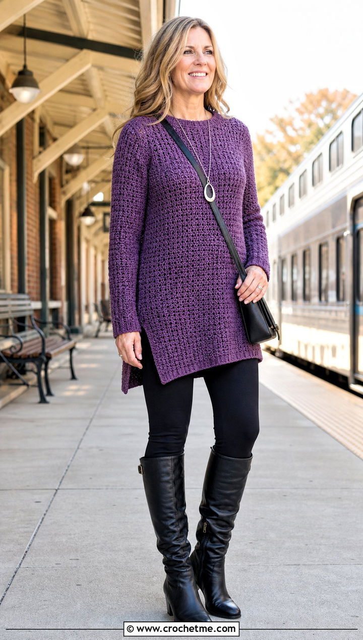Crochet Tunic Sweater With Leggings And Knee High Boots - 30 Fall Crochet Clothes Ideas
