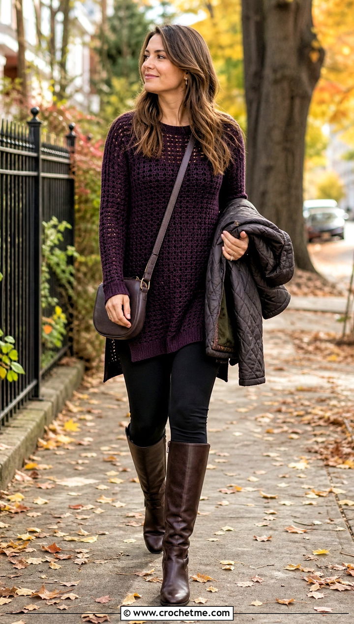 Crochet Tunic Sweater With Leggings And Riding Boots - 20 Autumn Crochet Sweater outfit ideas