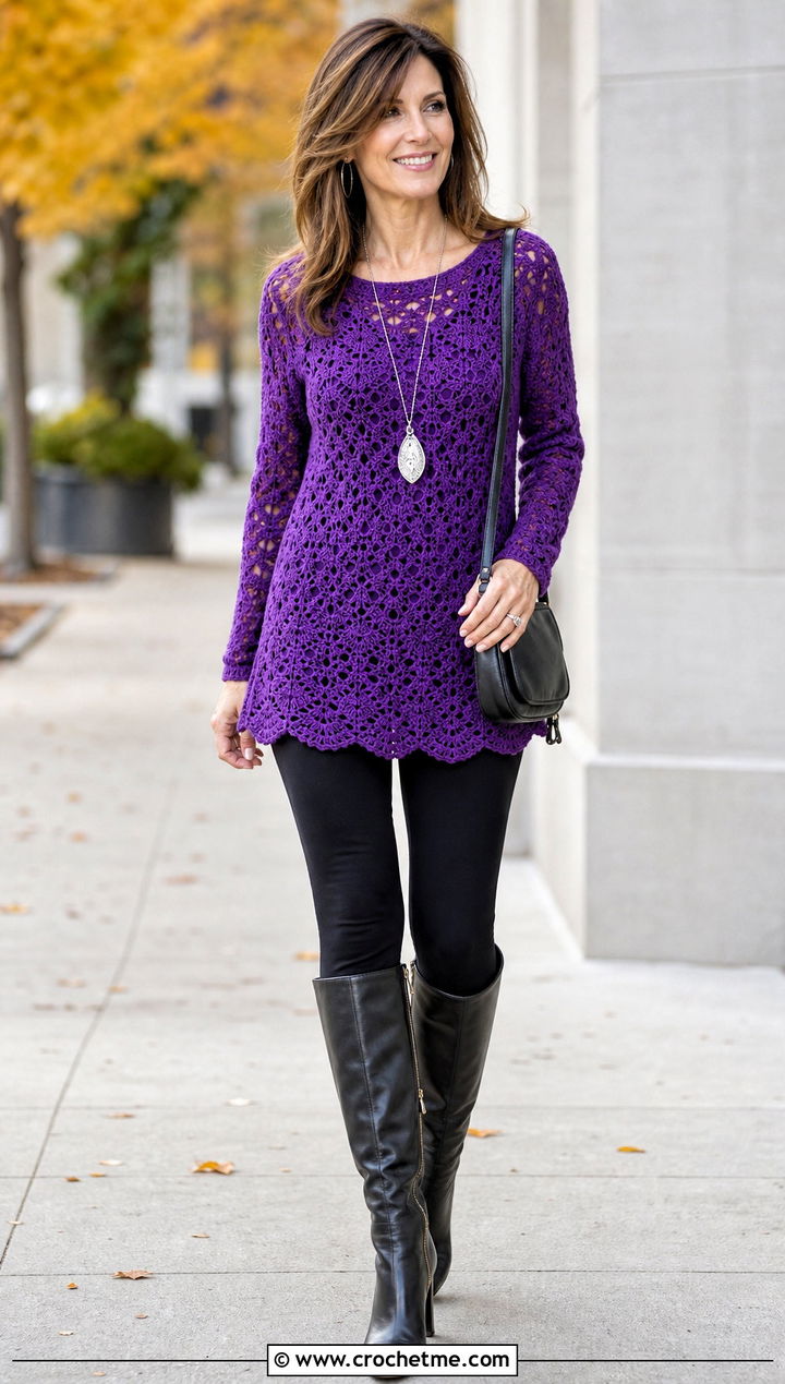 Crochet Tunic Sweater With Leggings And Tall Boots - 30 loose crochet sweater outfit ideas