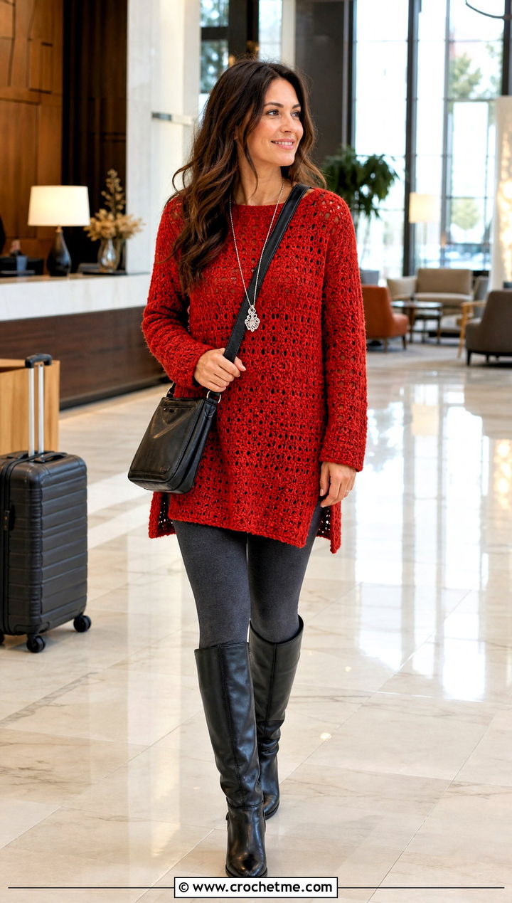 Crochet Tunic Sweater With Leggings And Tall Boots - 30 fall crochet sweaters outfit ideas