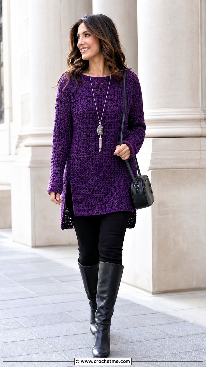 Crochet Tunic Sweater With Slim Pants - 35 crochet sweaters outfit ideas