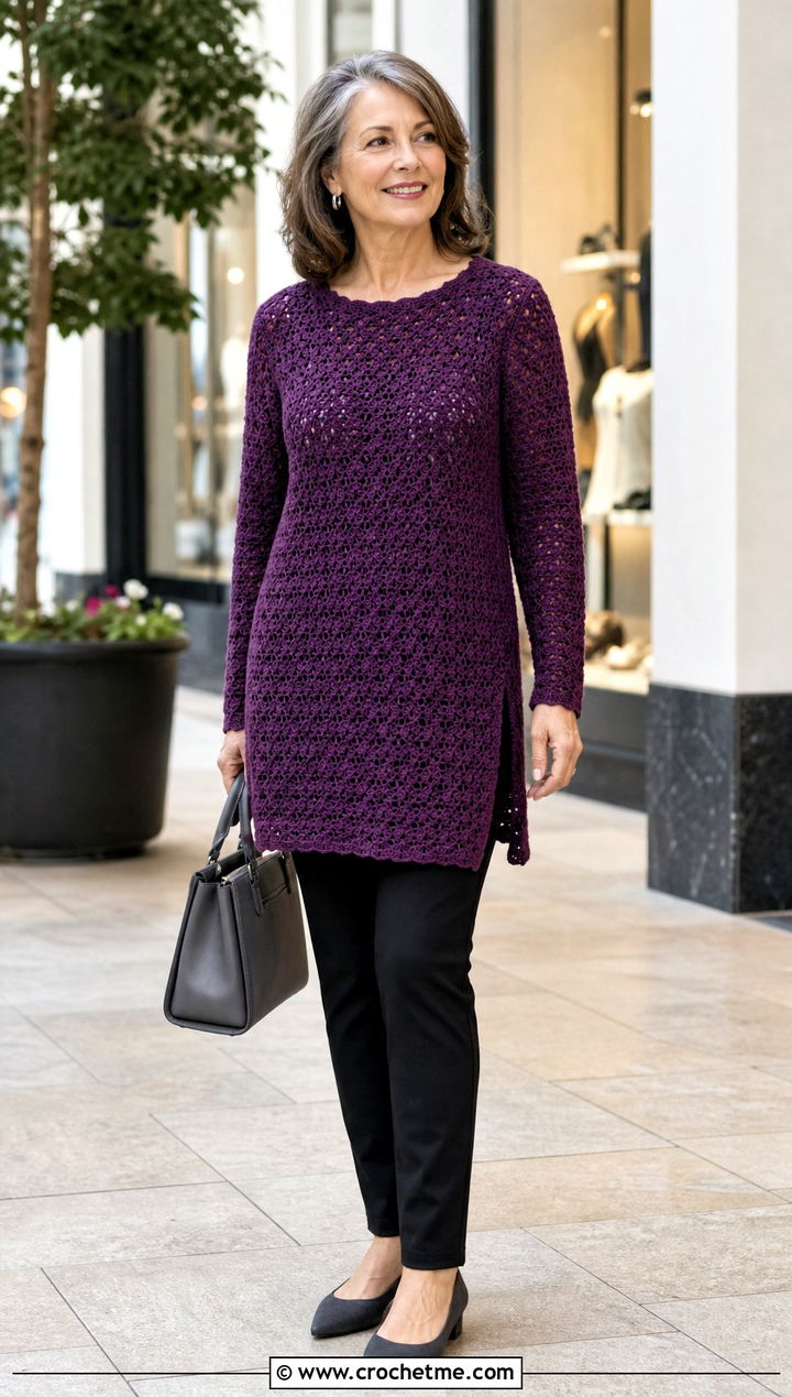 Crochet Tunic Sweater With Slim Pants - 25 Woman Crochet Sweater outfit ideas