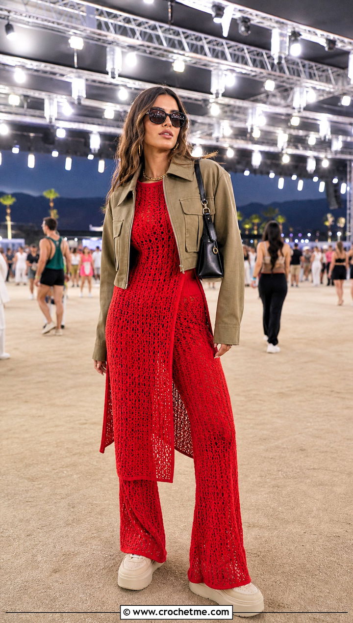 Crochet Tunic Top And Flare Pants Set - 25 festival crochet two piece outfit ideas